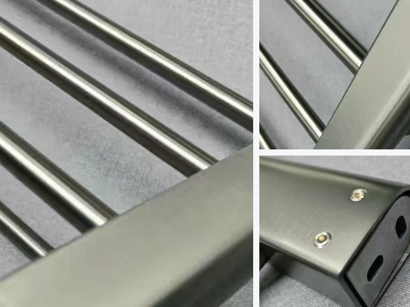 Brushed metal towel rack construction and mounting details for commercial bathroom hardware