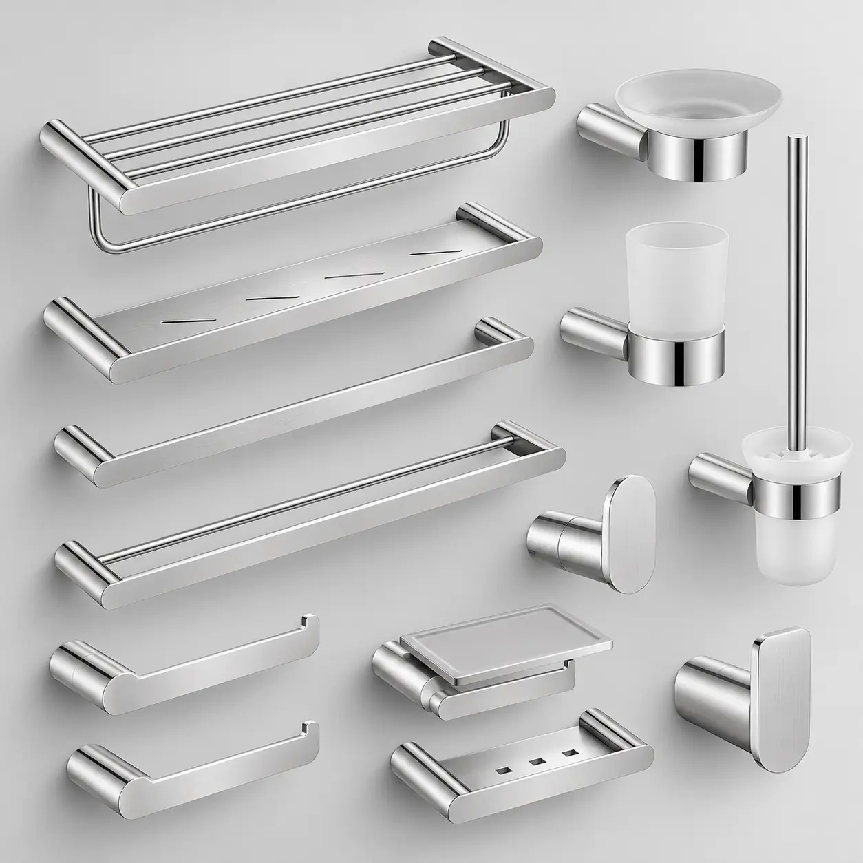 Coordinated silver bathroom hardware set featuring towel racks, towel bars, robe hooks and matching bathroom accessories