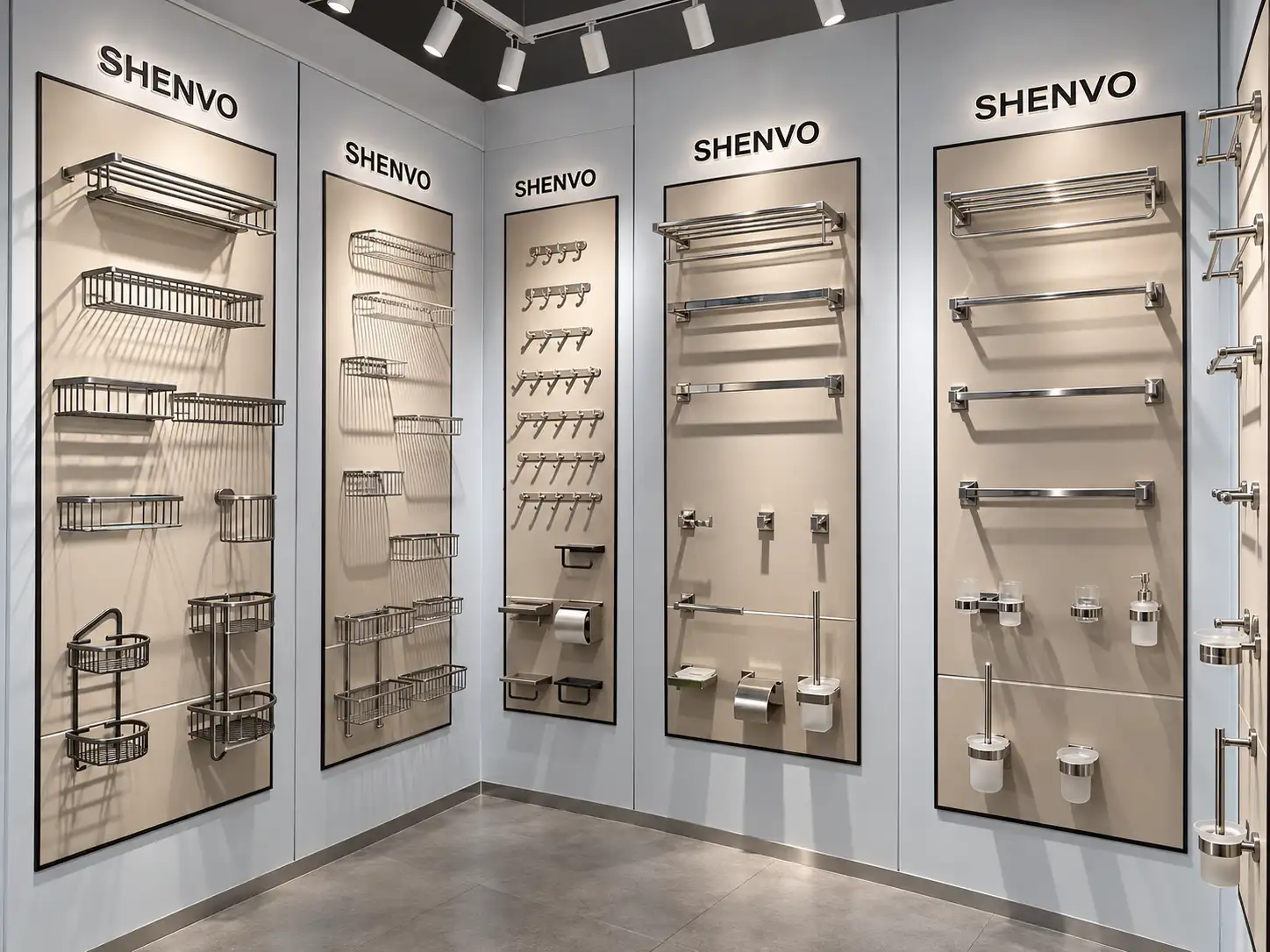 SHENVO bathroom hardware display wall featuring towel racks, towel bars, robe hooks and matching bathroom accessories