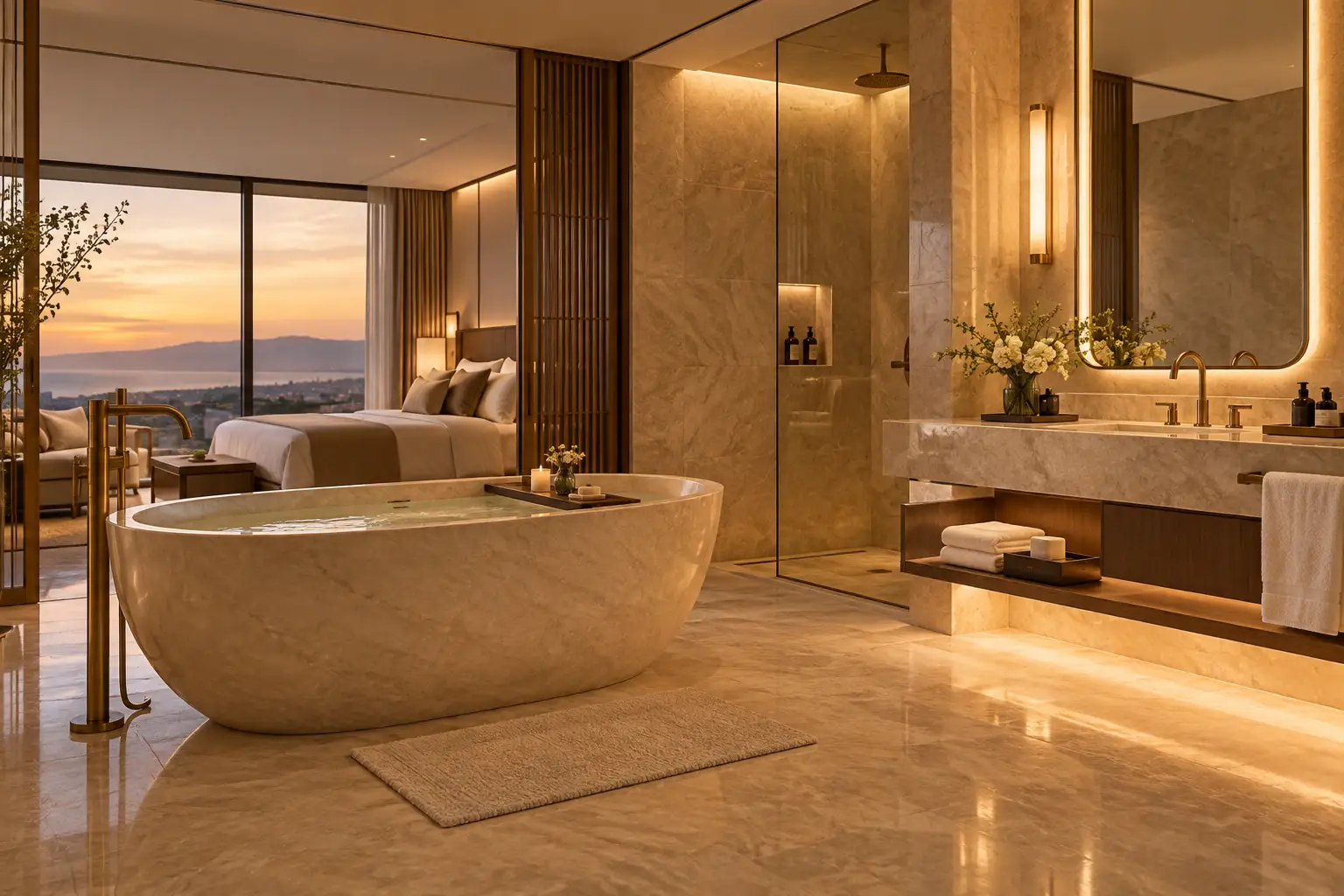 Luxury hotel bathroom with towel bars and bathroom hardware for hospitality projects
