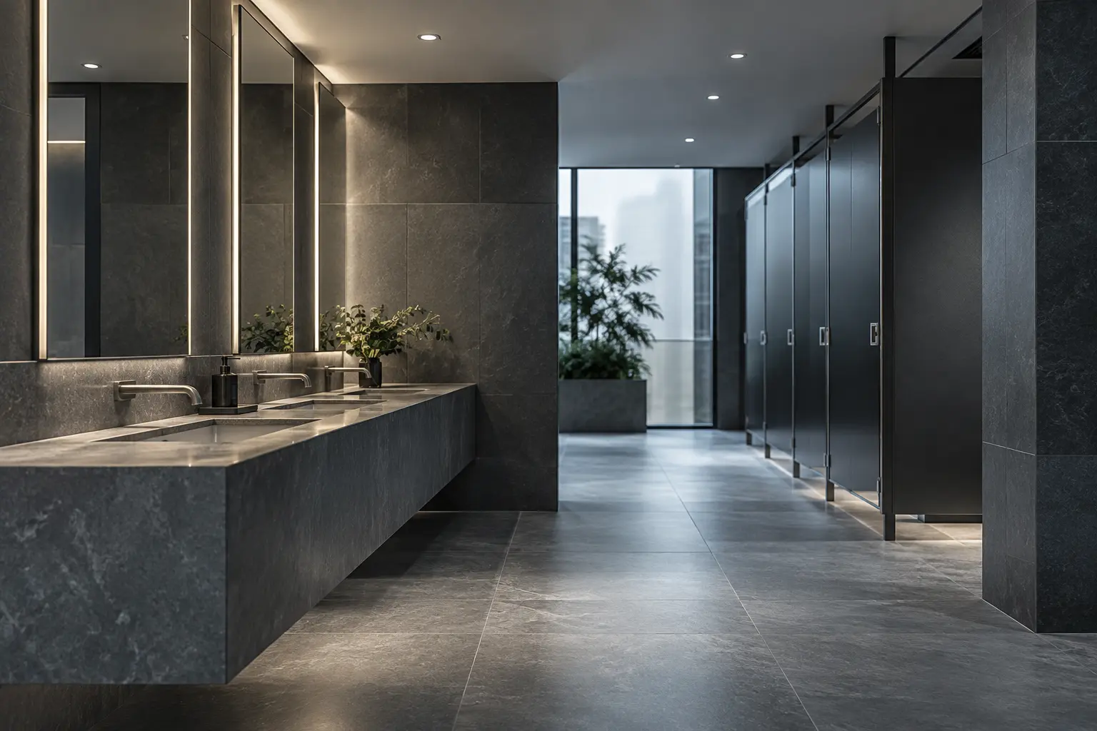 Commercial restroom with washbasin faucets and bathroom hardware for commercial building projects